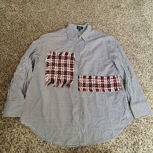 MODX Striped‎ Patchwork Tweed Fringe Button Up Shirt Women's Size L
